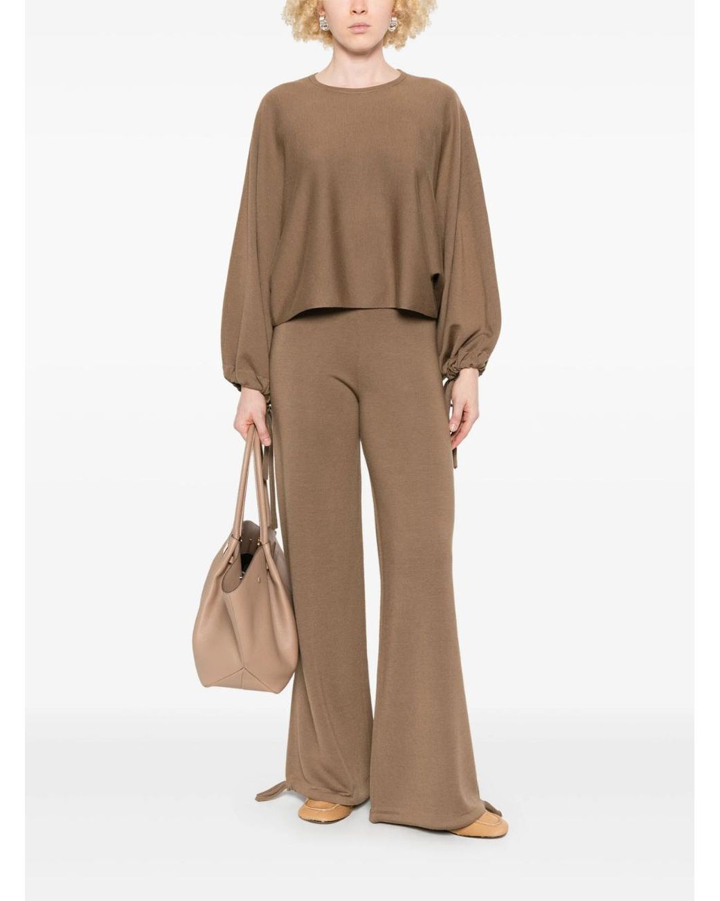Max Mara Brown Crewneck Sweater With Ties Virgin Wool Tops