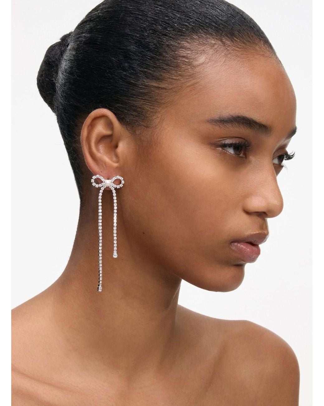 Self-Portrait White Colored Pendant Earings With Bow Detail And All-Over Crystal Embellishments