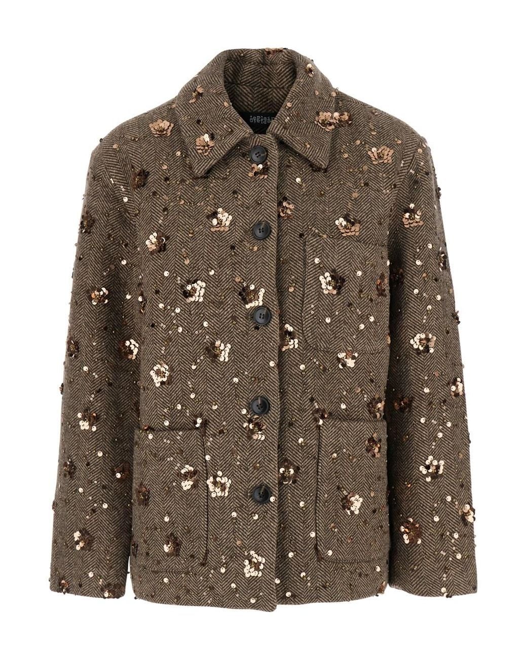 Le Plain Brown Short Coat With Notched Revers And All-Over Sequins