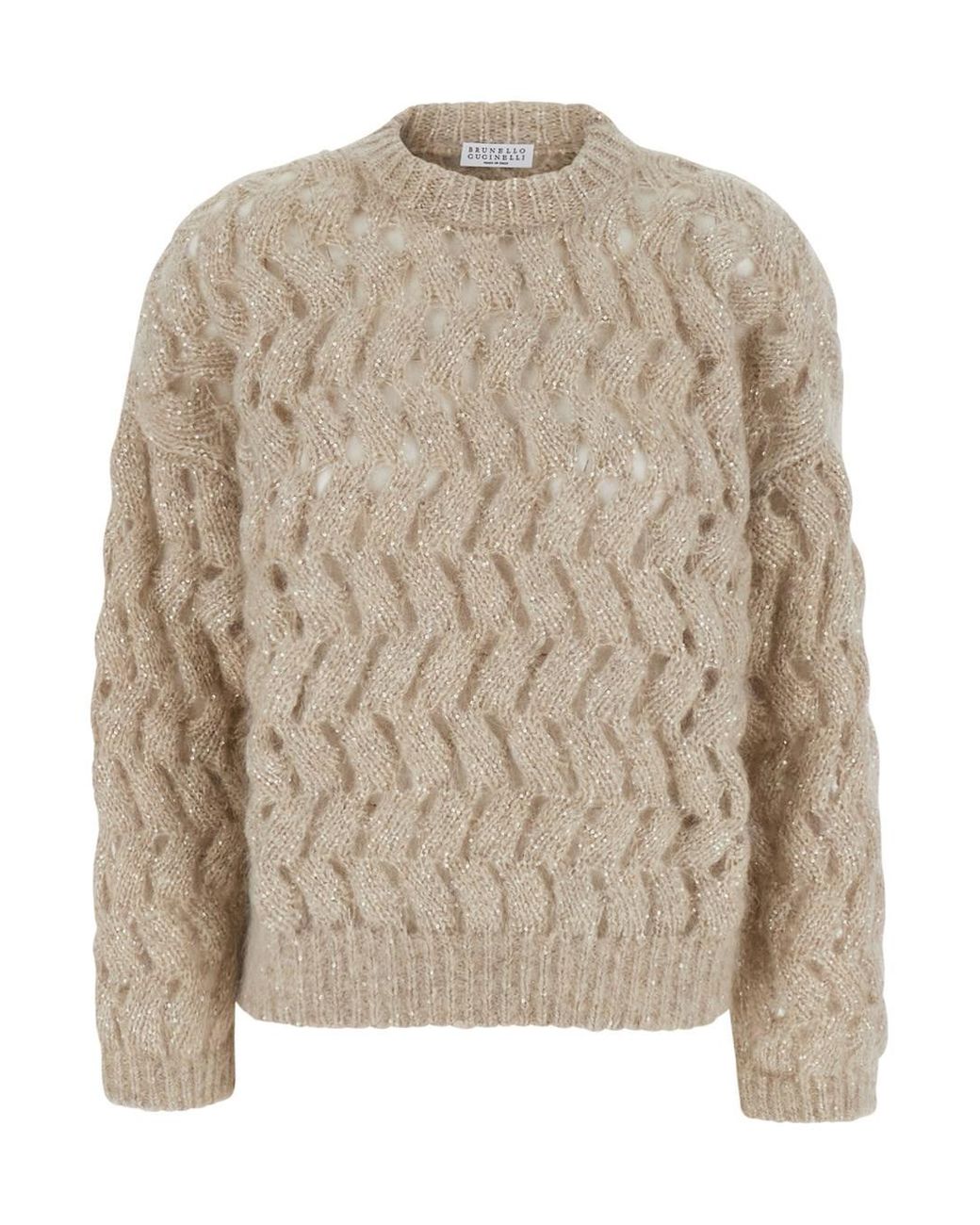 Brunello Cucinelli Natural Crewneck Cable-Knit Sweater Mohair Tops