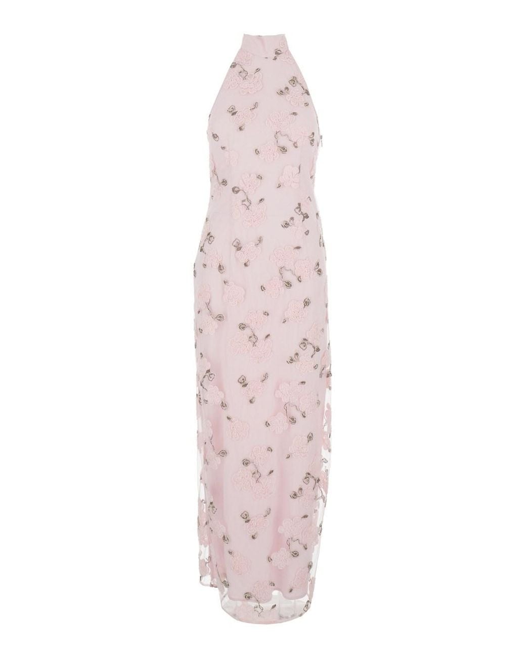 ROTATE BIRGER CHRISTENSEN Pink Long Dress With Open Back And Floral Beaded Details