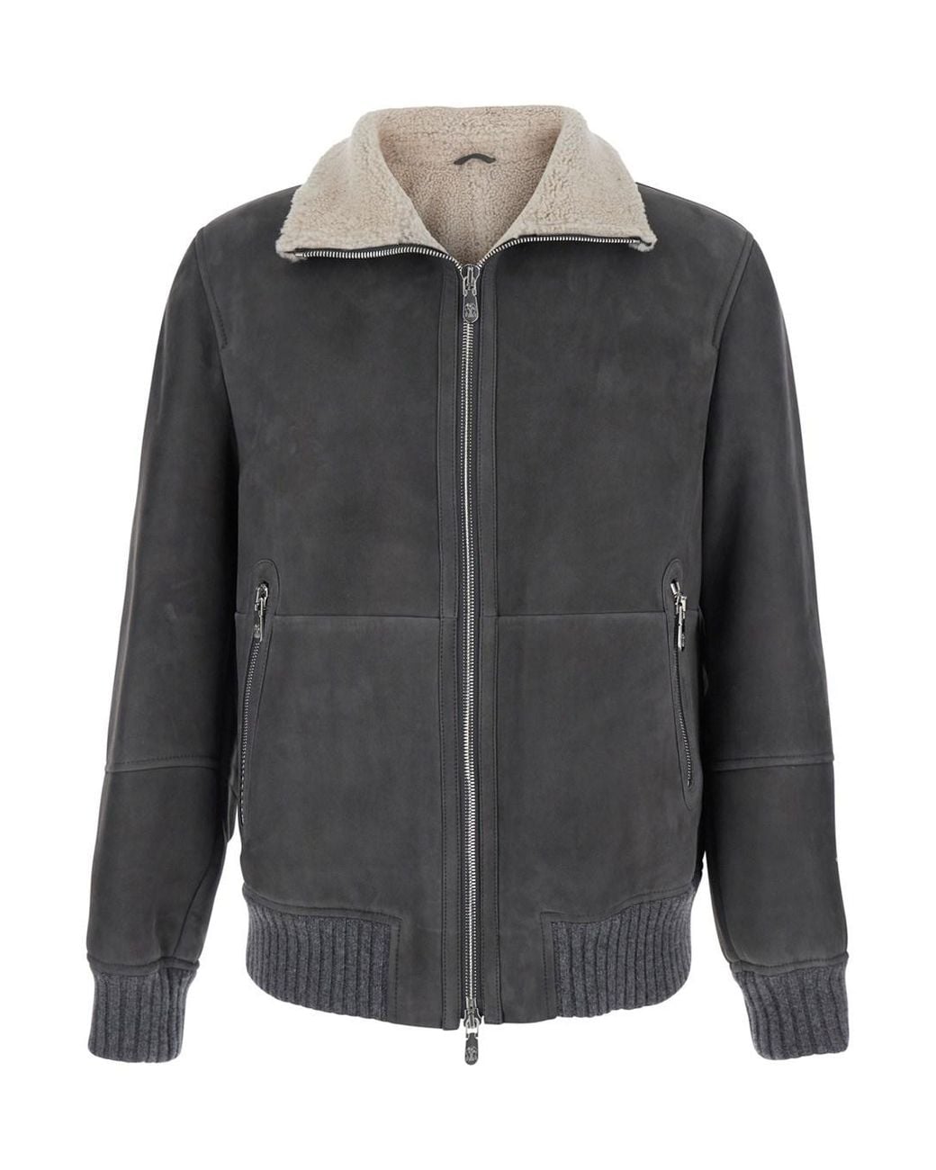 Brunello Cucinelli Gray Jacket With High Collar And Fur Lining for men