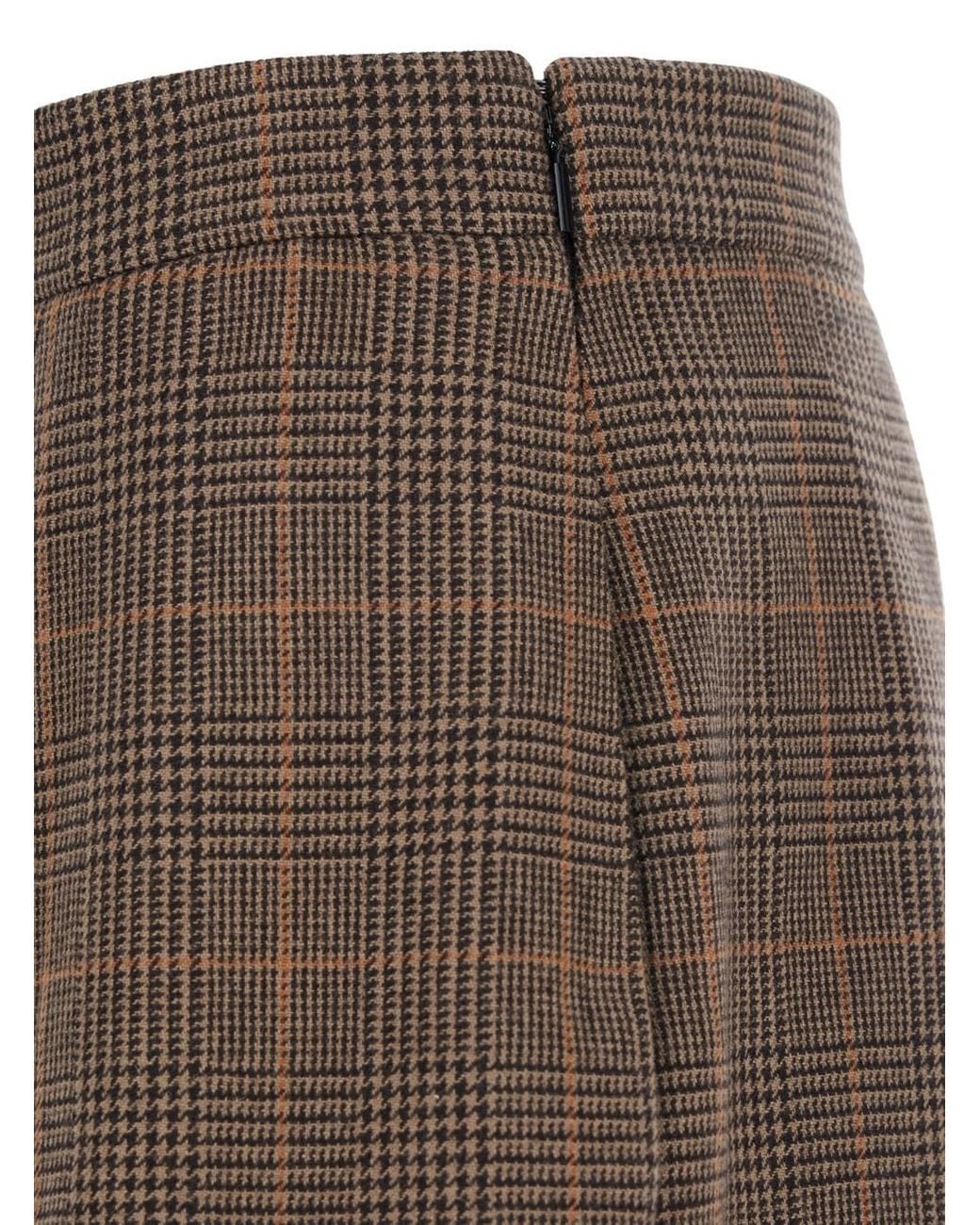 Saint Laurent Brown Midi Skirt With Side Concealed Zip Closure And All-Over Check Motif