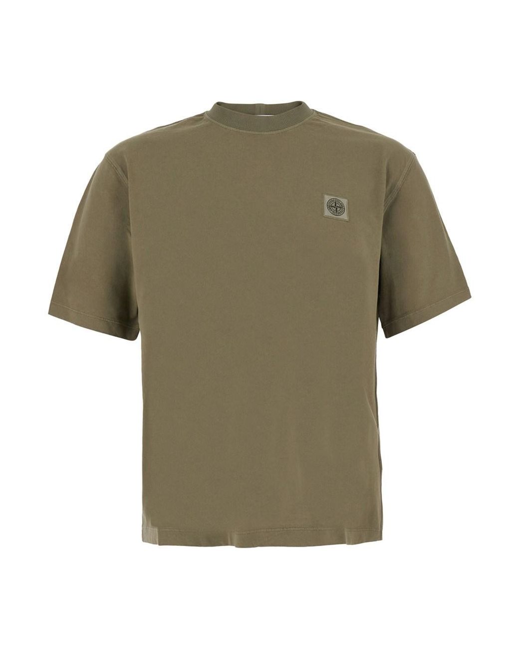 Stone Island Green Crew Neck T-Shirt With Logo Patch On The Front for men