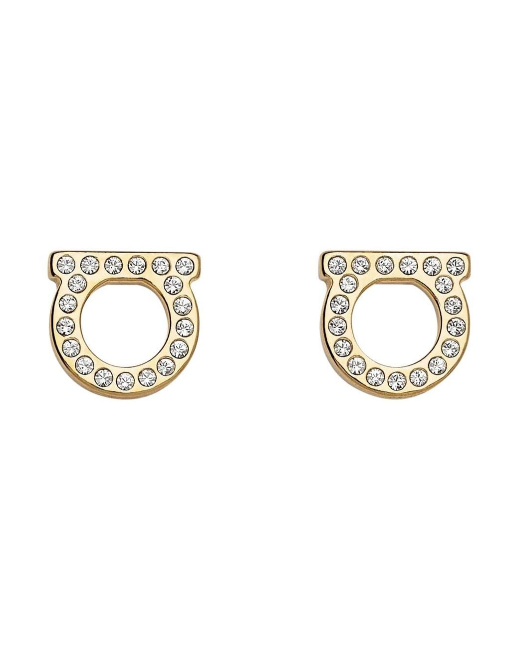 Ferragamo Metallic Brass Hook Earrings With Sparkling Rhinestone Interlocking Motif And Butterfly Closure
