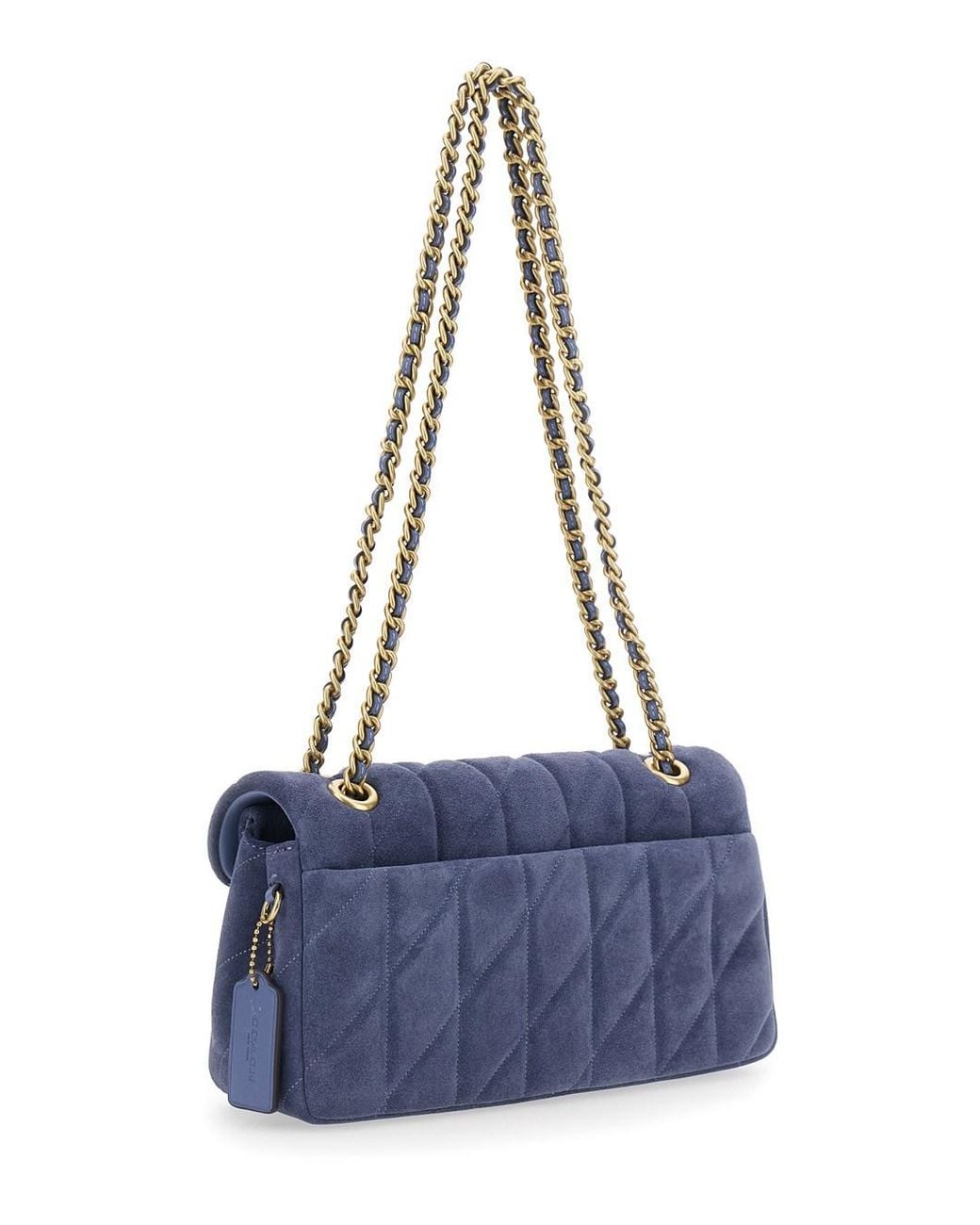 COACH Blue Suede Quilted Crossbody Handbag With Chain Handles And Logo Front Plate, 27X14X8 Cm