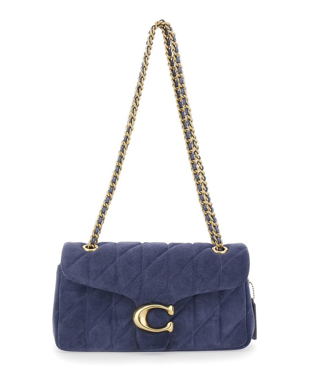 COACH Blue Suede Quilted Crossbody Handbag With Chain Handles And Logo Front Plate, 27X14X8 Cm