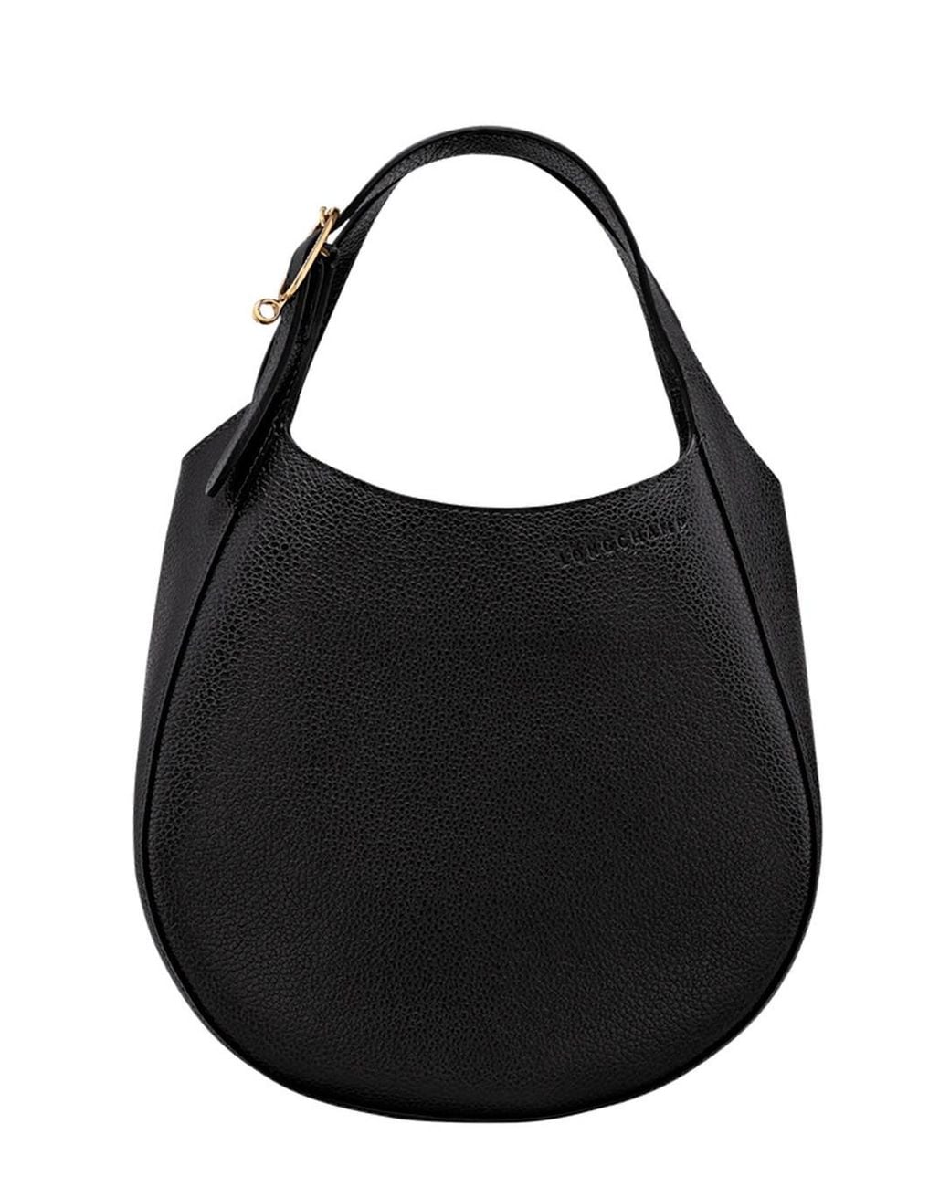 Longchamp Black Leather Handbag With Zip Closure, Zip Pocket Back, 30 Cm X 20 Cm X 10 Cm