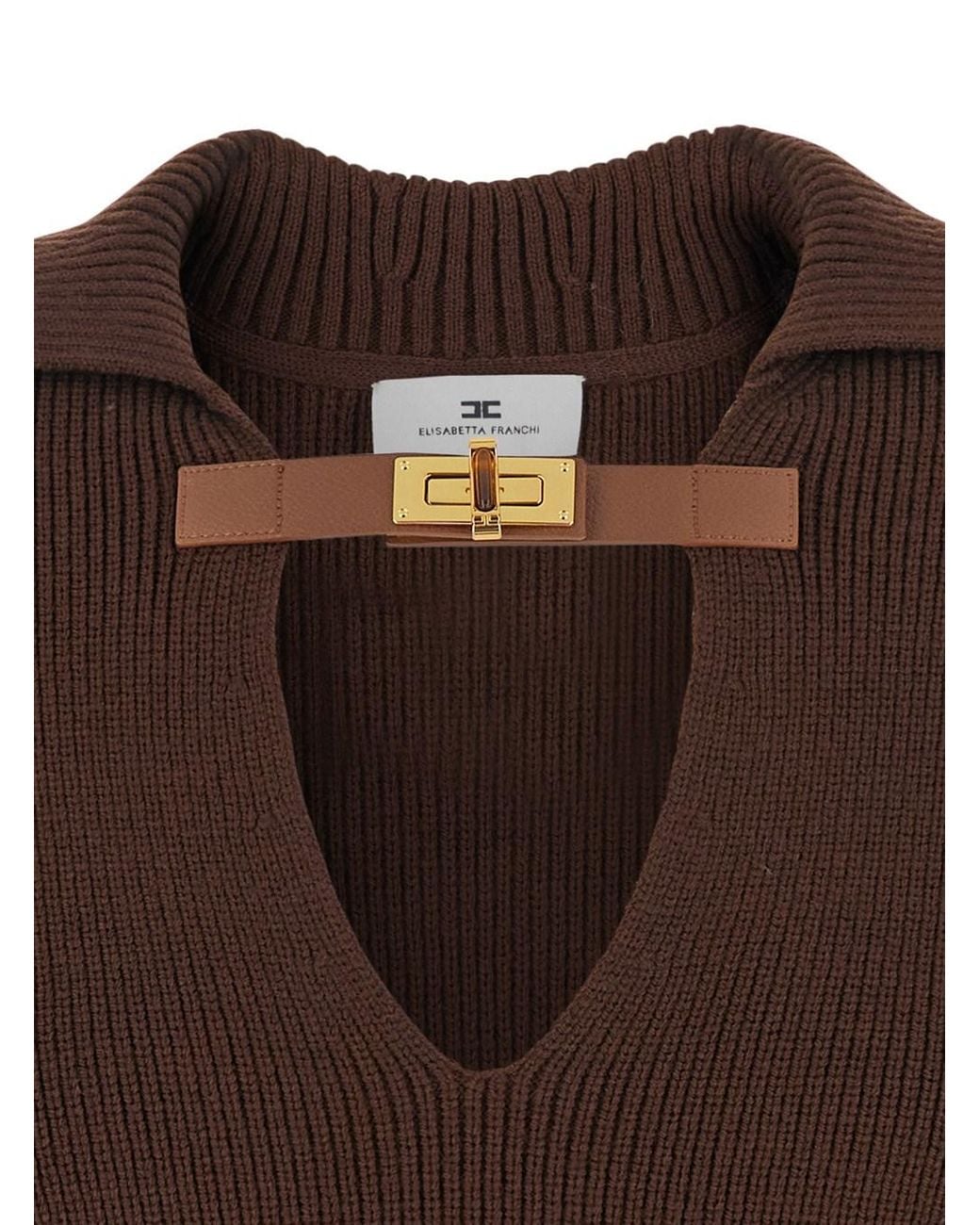 Elisabetta Franchi Brown Sweater With Polo Collar And Buckle Detail