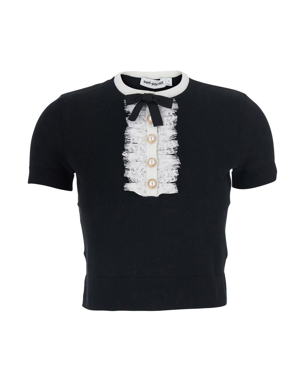 Self-Portrait Black Top With Lace Collar, Wool Tops