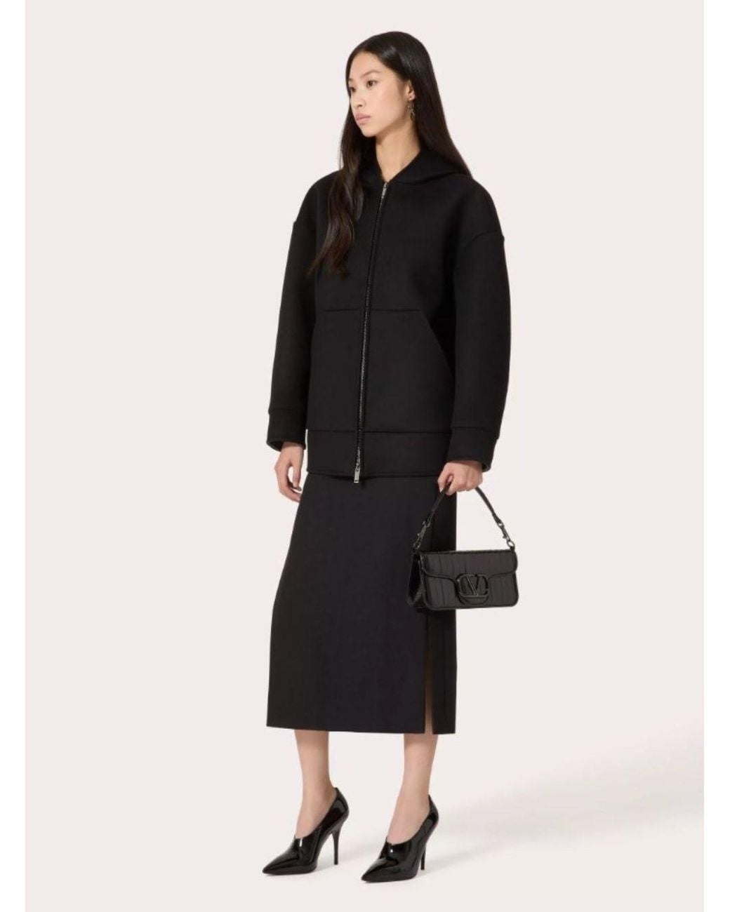 Valentino Black High-waisted Wool Midi Skirt With Slits