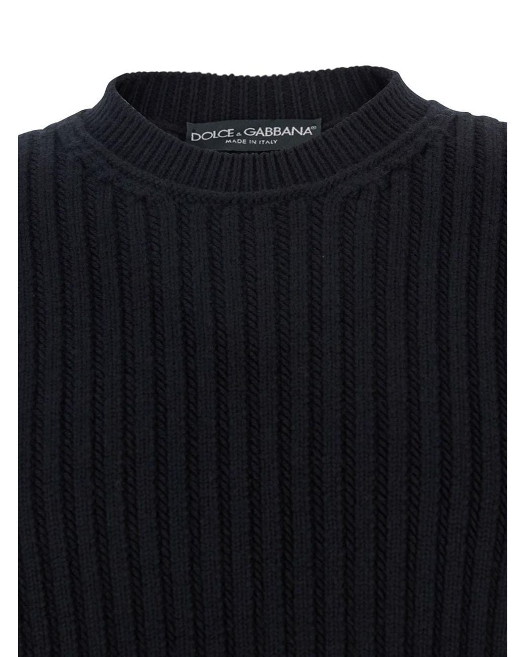 Dolce & Gabbana Blue Ribbed Knit Crewneck Sweater With Logo Patch On The Rear for men