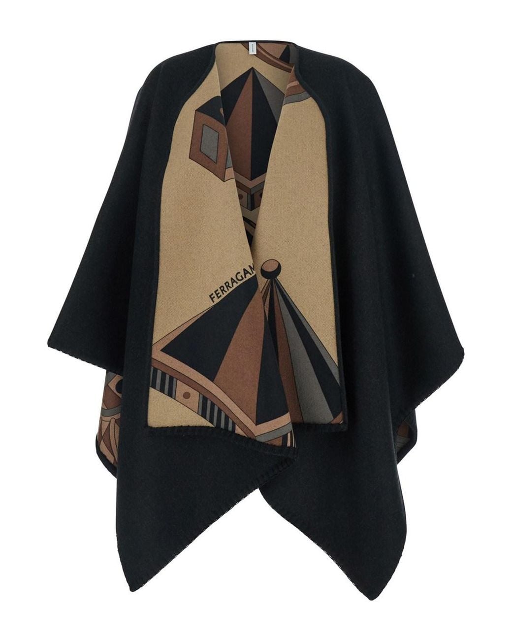 Ferragamo Black Cape With Nadir Motif And Logo Lettering On The Front