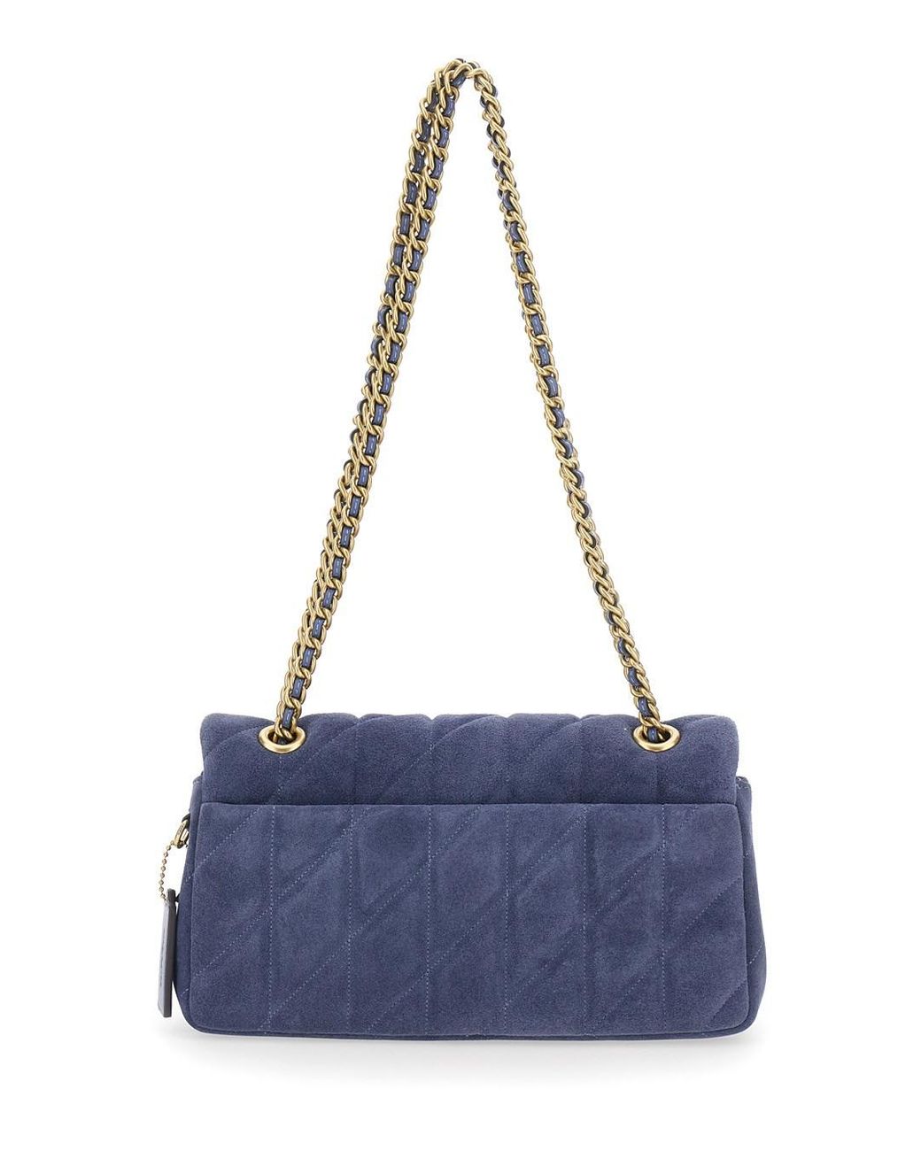 COACH Blue Suede Quilted Crossbody Handbag With Chain Handles And Logo Front Plate, 27X14X8 Cm