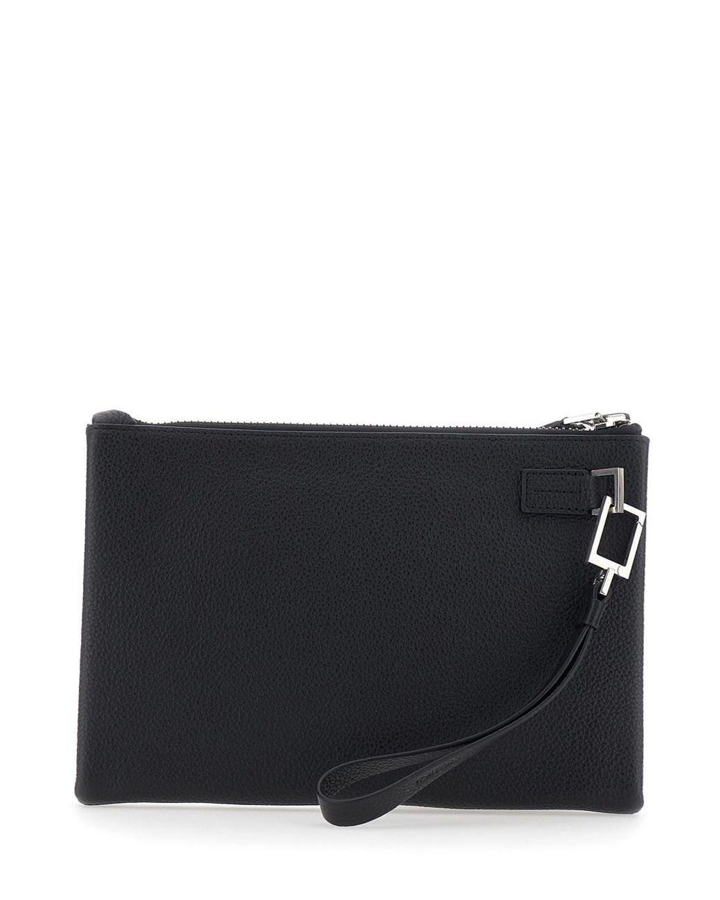 Tom Ford Black Clutch With Wrist Strap And Logo Lettering On The Front for men