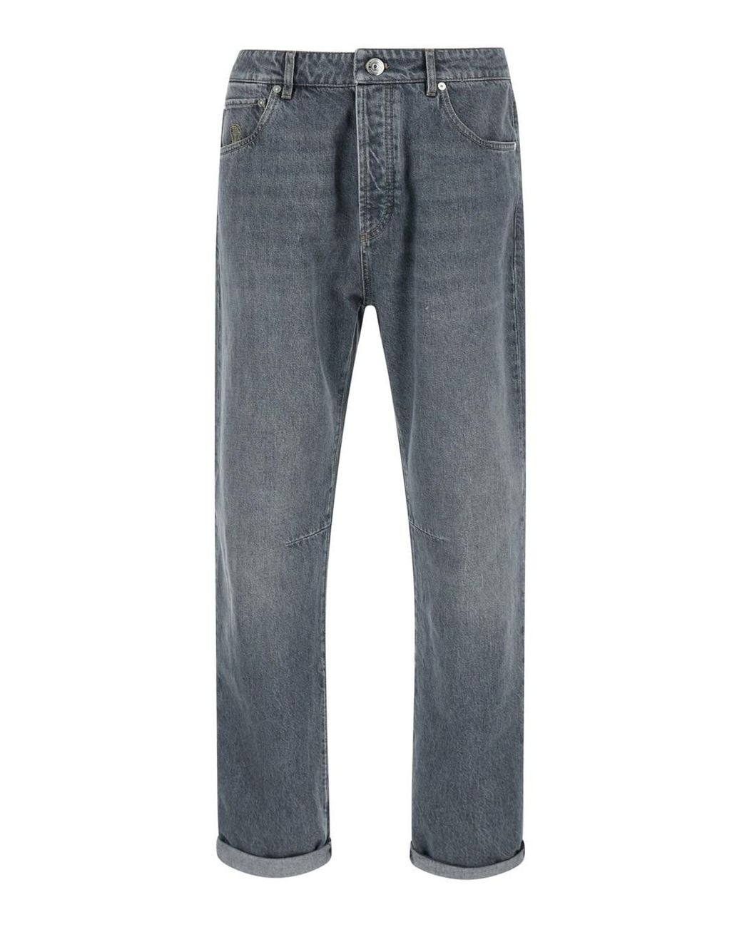 Brunello Cucinelli Blue Jeans With Logo Embroidery On The Front And Lo for men