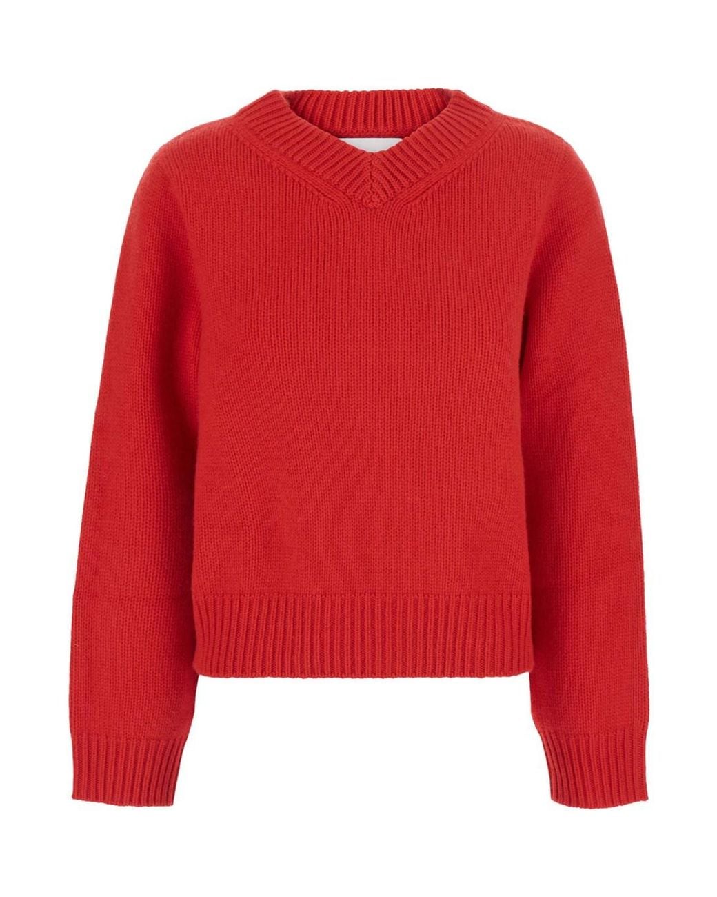 Soft Goat Red Chunky V Neck Sweater With Long Sleeves