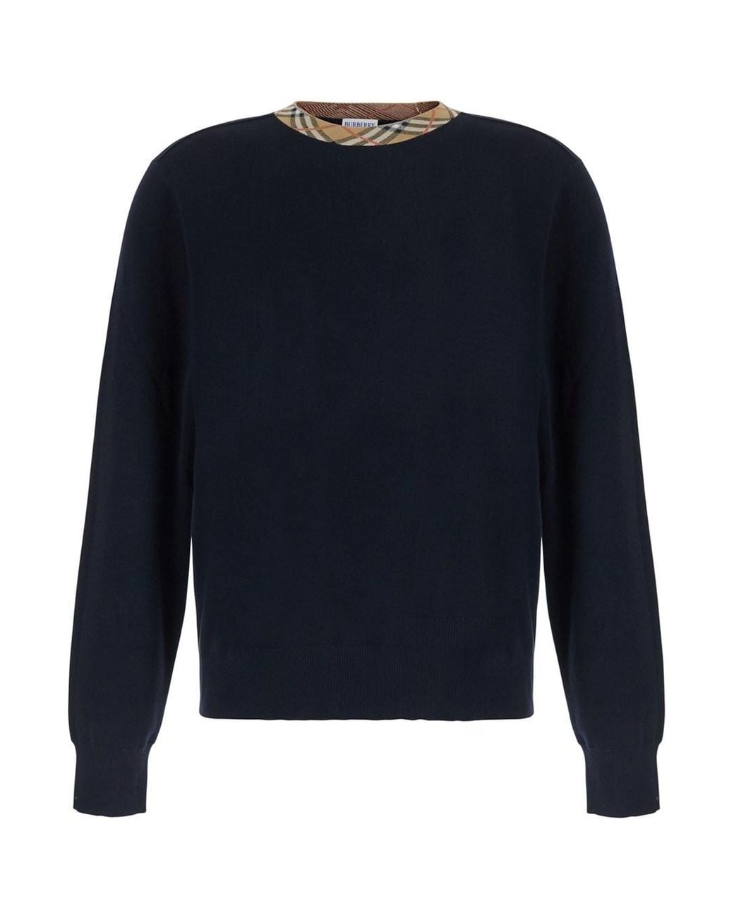 Burberry Blue 'Michael' Crew Neck Sweater With Check Motif On The Neck for men