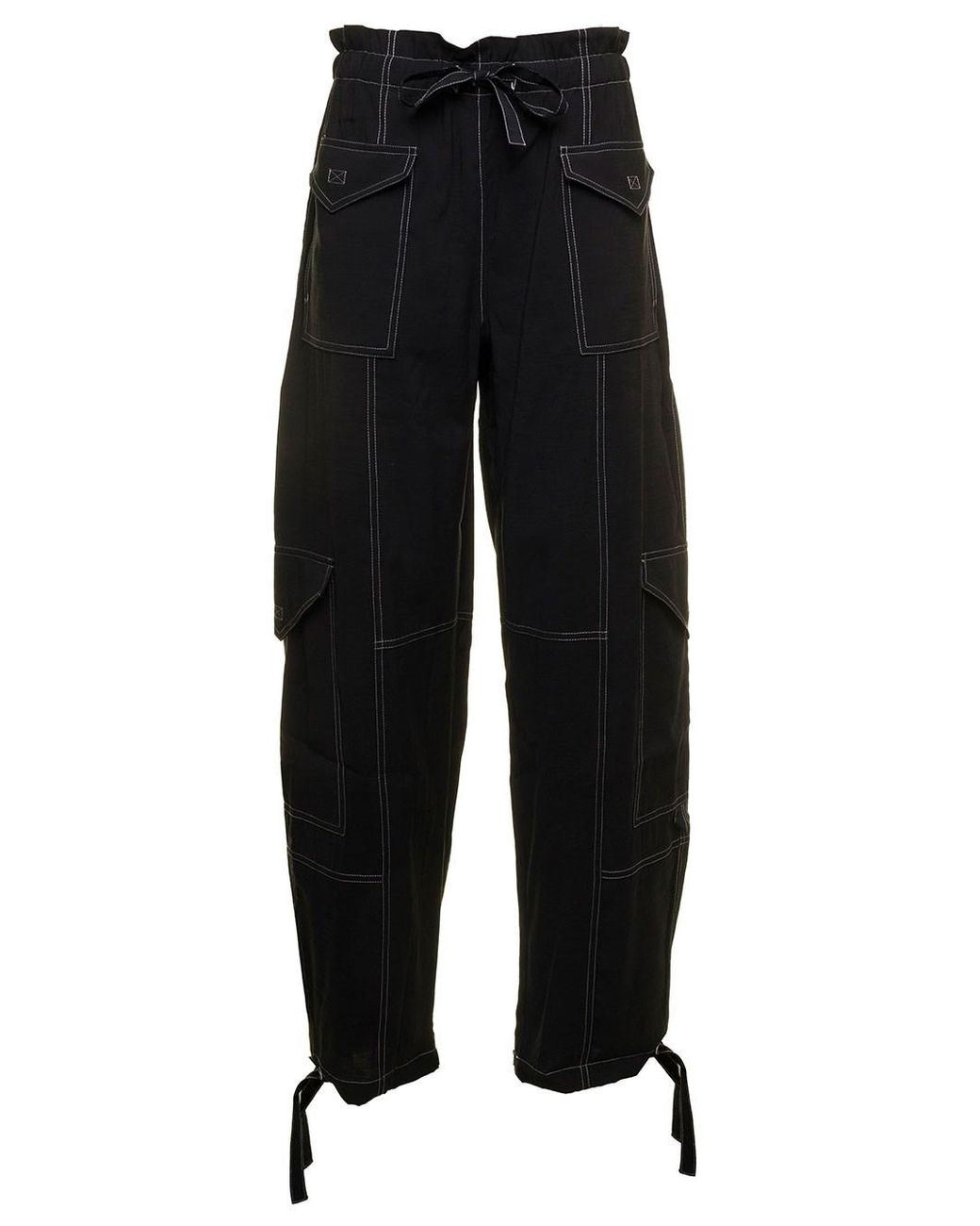 Ganni Black Slub Cargo Trousers In Canvas With Contrast Stitching | Lyst