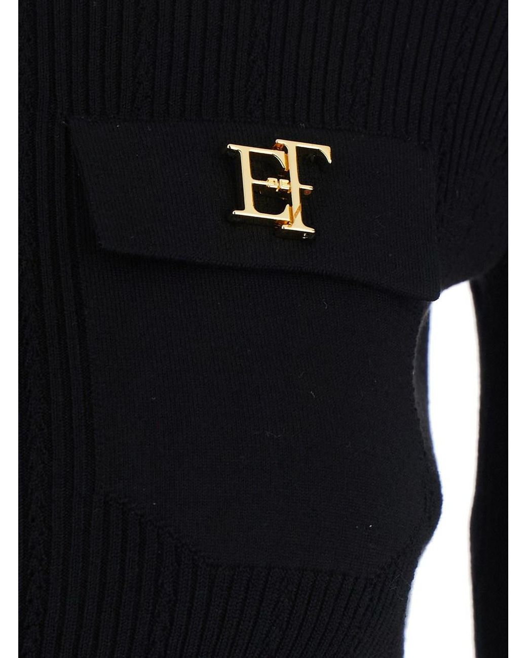 Elisabetta Franchi Black Ribbed Turtleneck Sweater With Ajour Detail Tech Fabric Tops