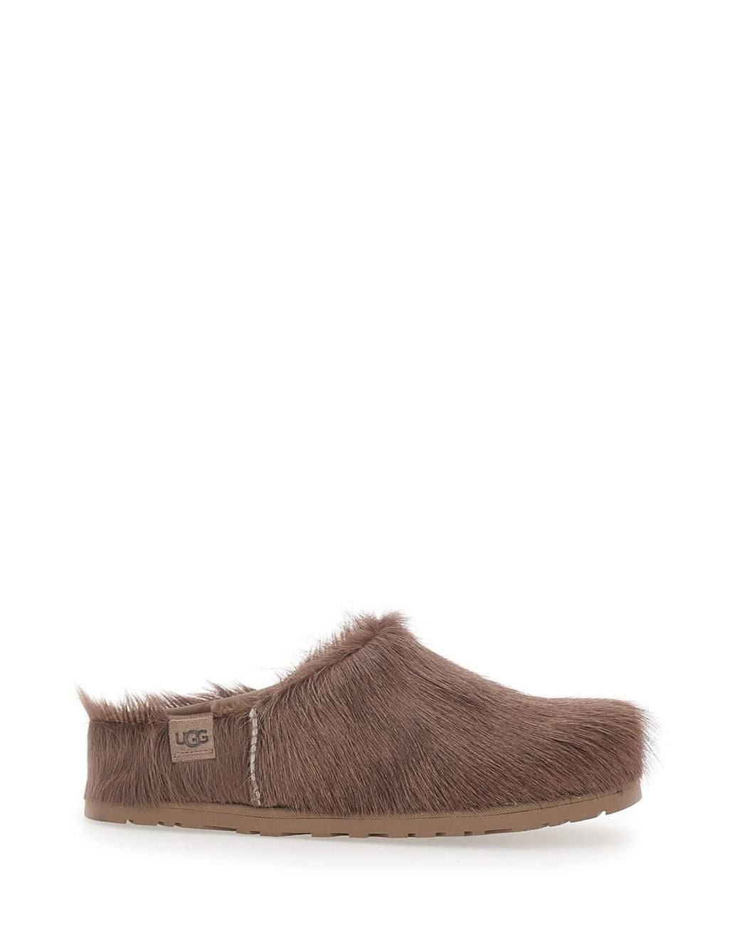 Ugg Brown Otzo Leather Hair Clog Mule With Soft Fur And Rubber Sole
