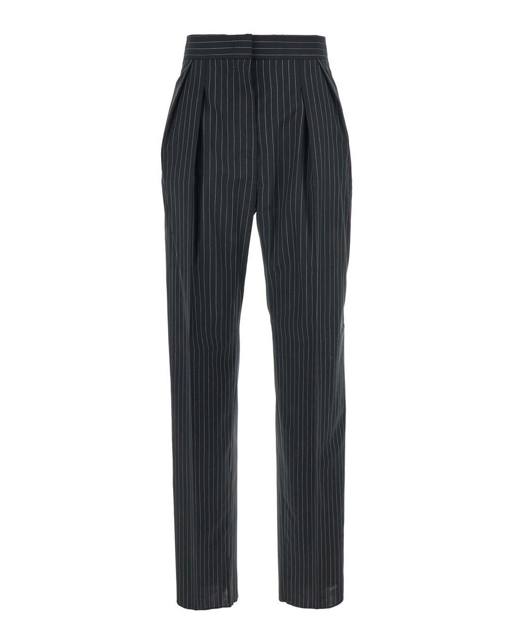 Max Mara Black Pants With Concealed Closure And Stripes Virgin Wool Trousers