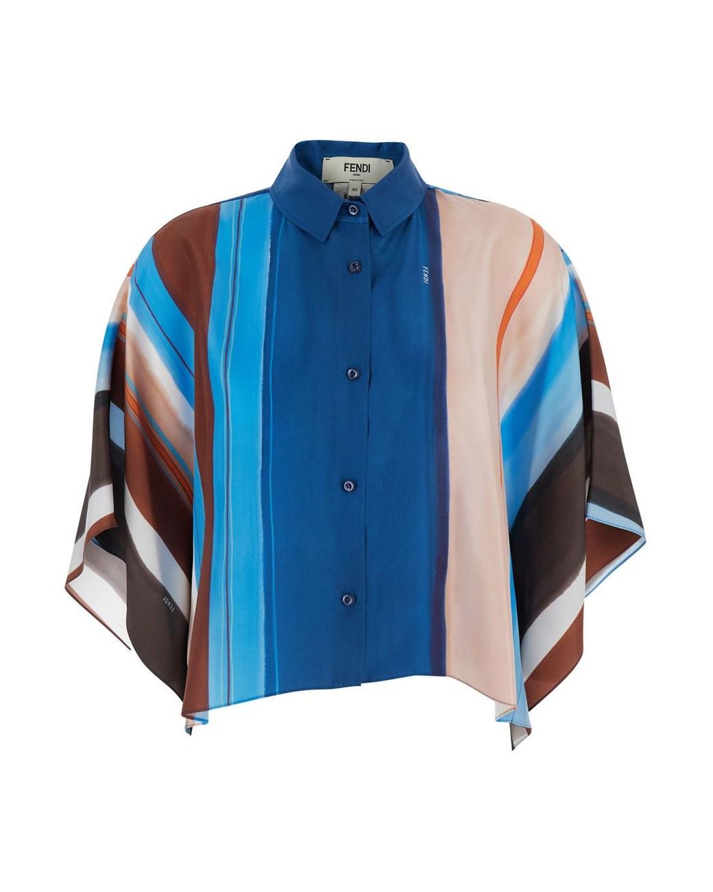 Fendi Blue Crop Shirt With Logo Embroidery On The Side And All-Over Striped Motif