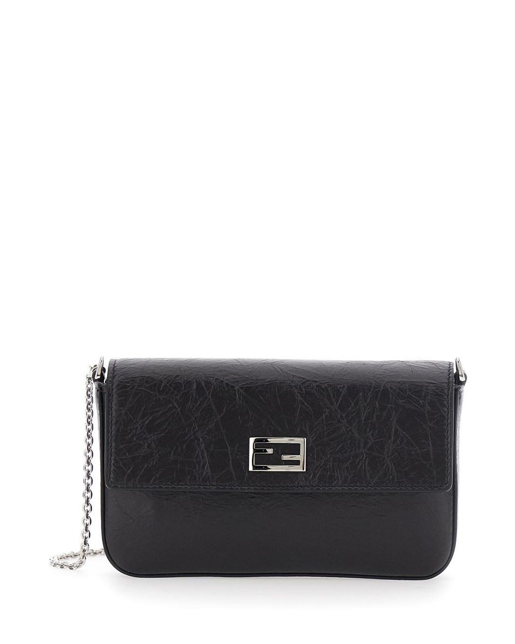 Fendi Black Crossbody Bag With Chain Strap And Ff Plate On The Front I