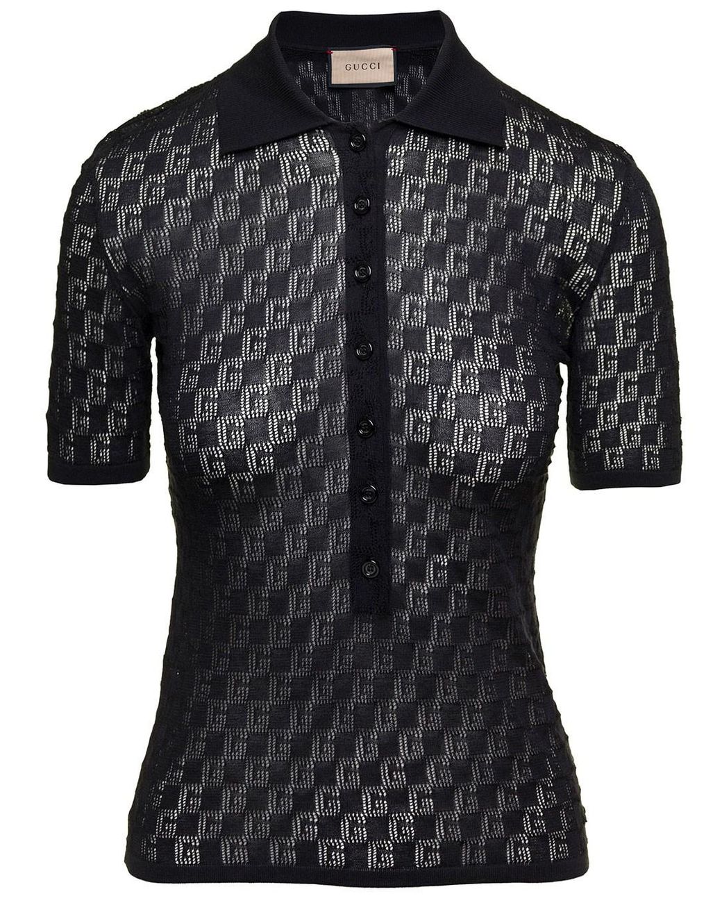 Gucci Black Polo Shirt With Button Closure And Gg Motif