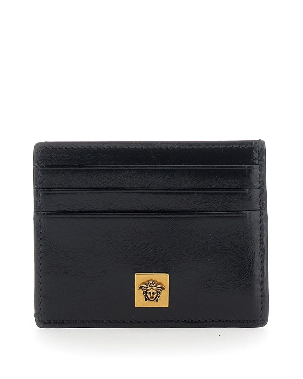 Versace Black Leather Card Holder With Embossed Logo, 10X8X1 Cm, Six External Compartments for men