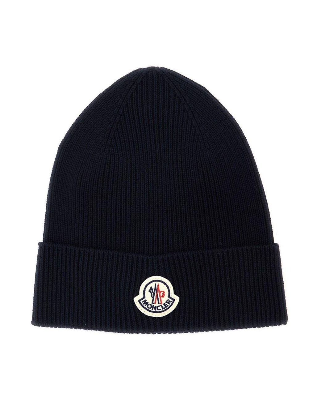 Moncler Blue Beanie With Ribbed Trim And Logo Patch On The Front for men