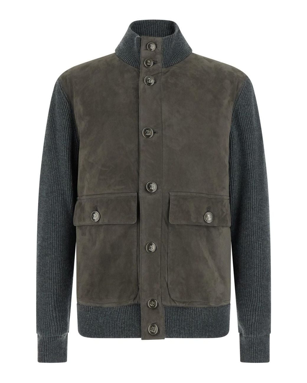 Brunello Cucinelli Gray High-Neck Jacket With Jewel Buttons And Ribbed for men