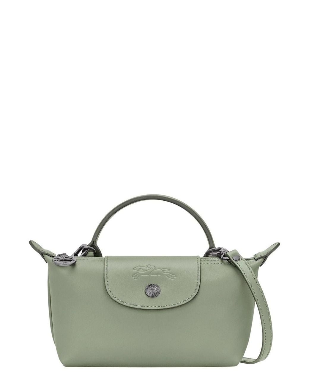 Longchamp Green Le Pliage Xtra Leather Mini Tote Bag With Embossed Logo, Magnetic Front Closure & Removable Strap