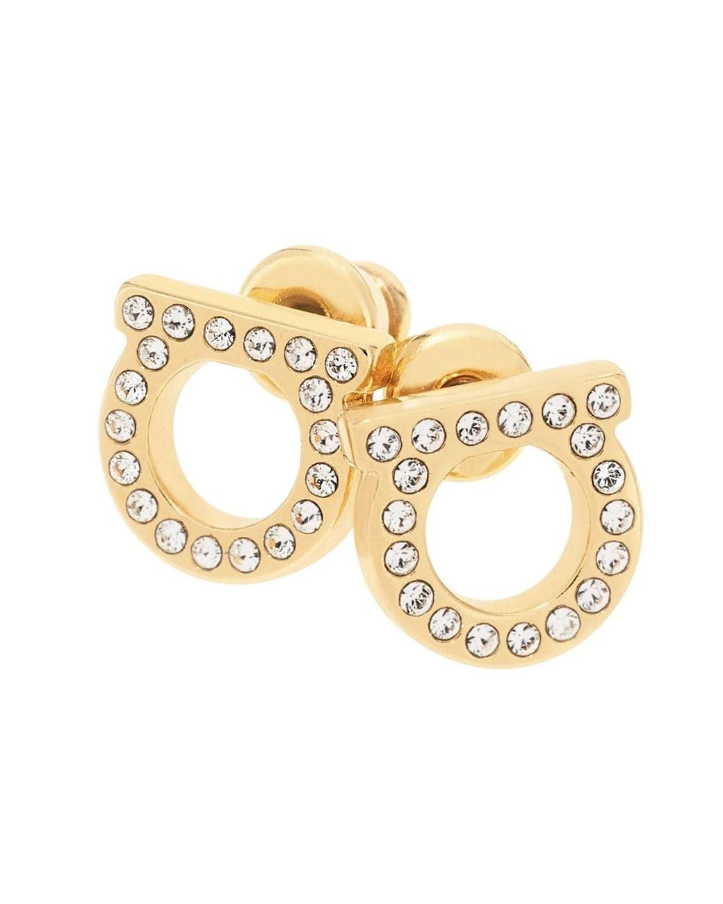 Ferragamo Metallic Brass Hook Earrings With Sparkling Rhinestone Interlocking Motif And Butterfly Closure
