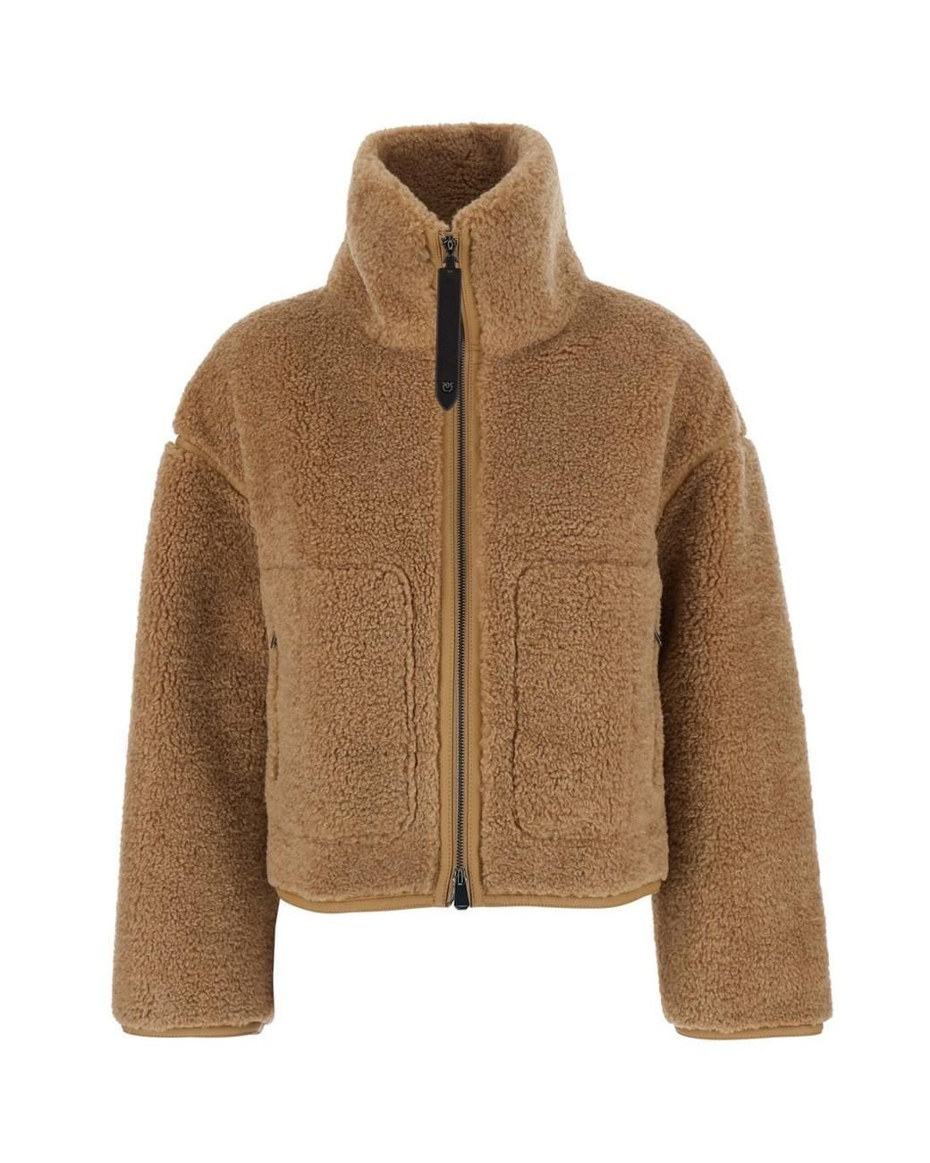 Pinko Brown Eco-Fur Shearling Jacket With Maxi High Collar And Patch Pockets