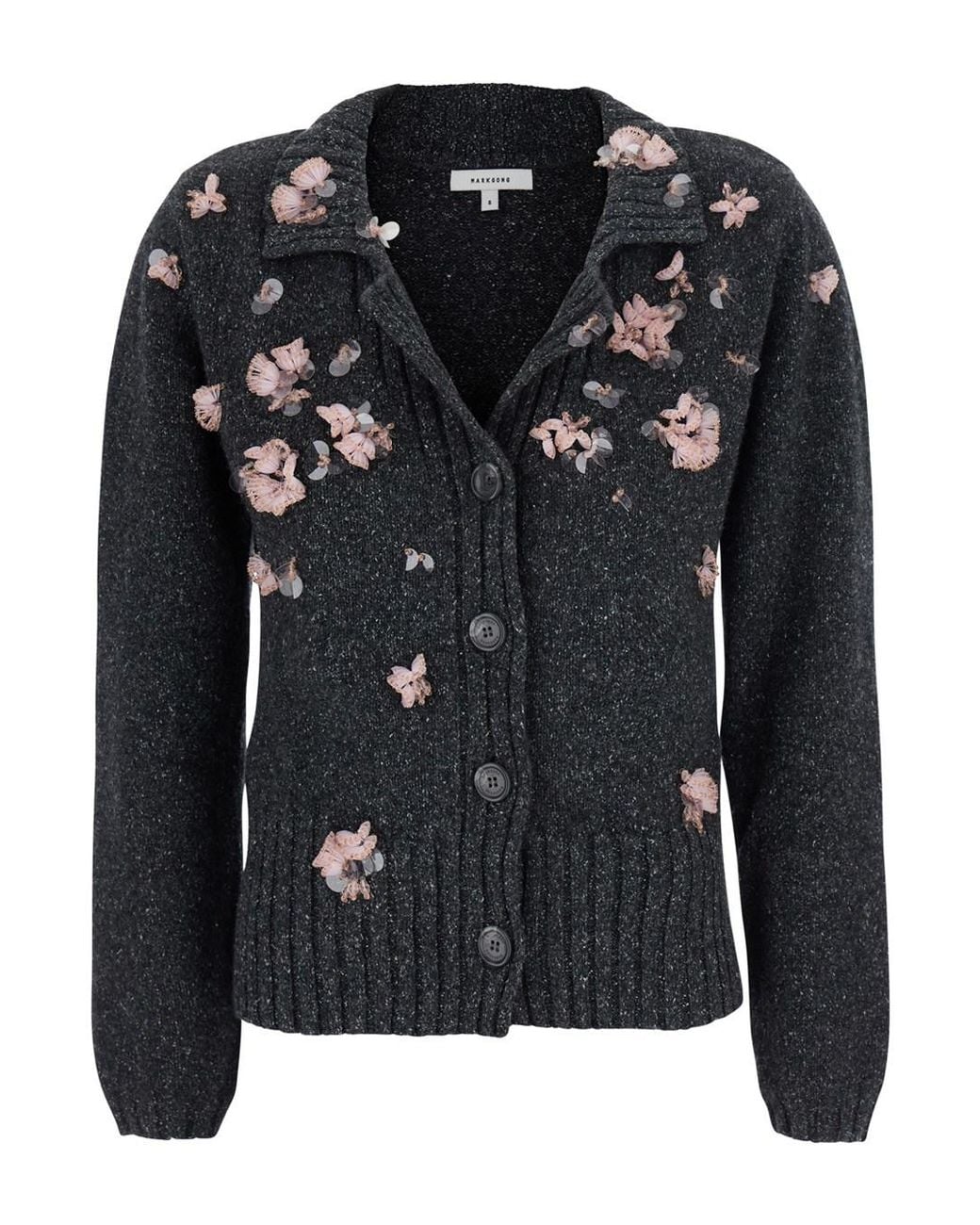 Markgong Black Cardigan With Notched Revers And Floral Bead Appliqués I
