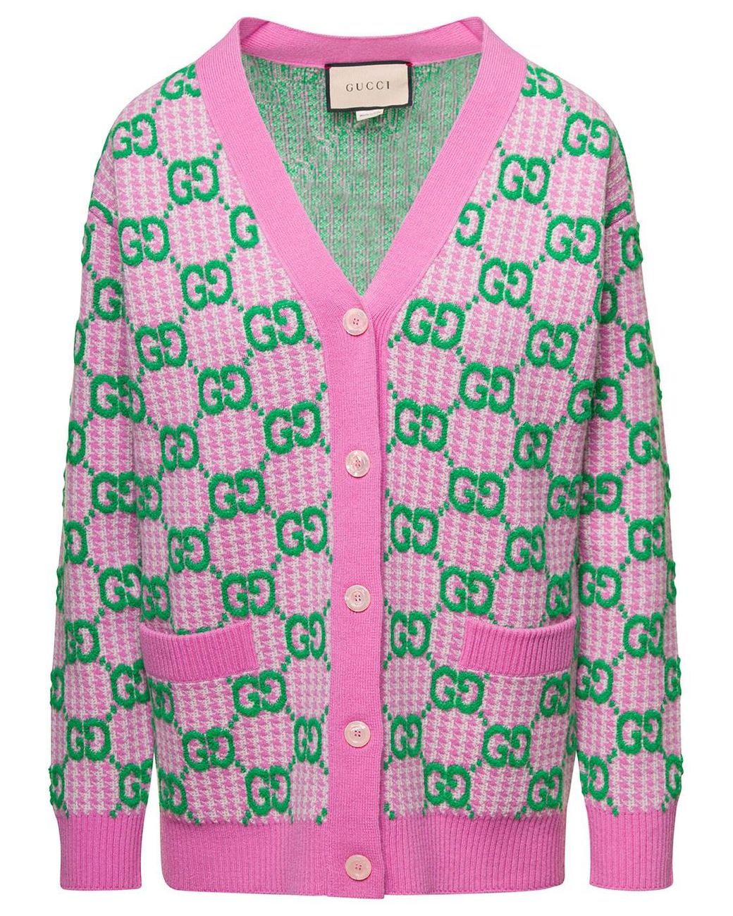 Gucci Pink And Green Houndstooth Cardigan With gg Motif Allover In