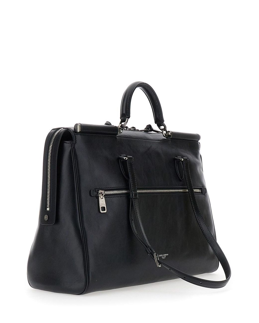 Dolce & Gabbana Black Leather Logo Plate Shoulder Handbag With Top Handle, Adjustable Straps 40X34X17 Cm for men