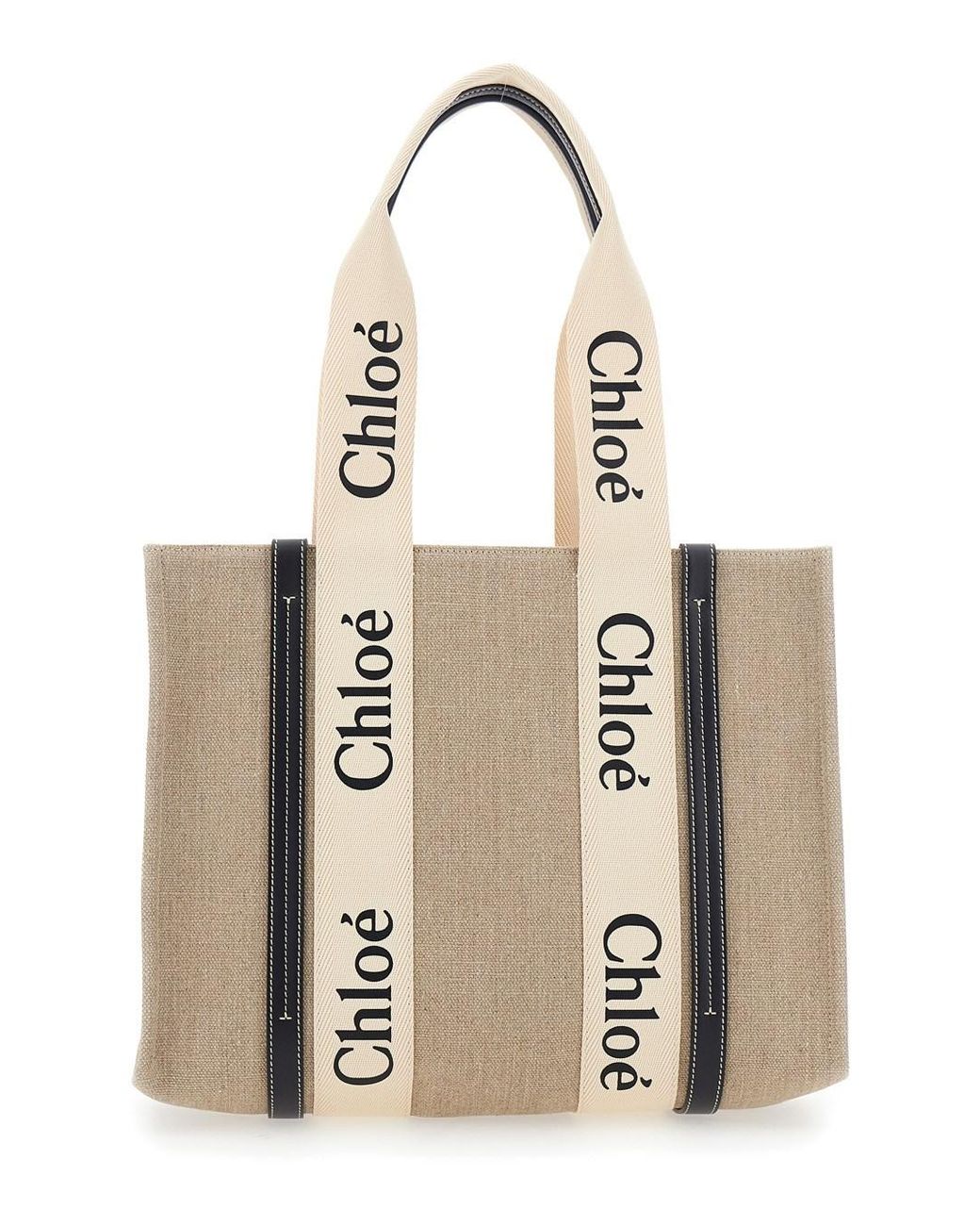 Borsa tote 'woody' media con nastro multicolor in pelle e lino donna chloé di Chloé in Natural