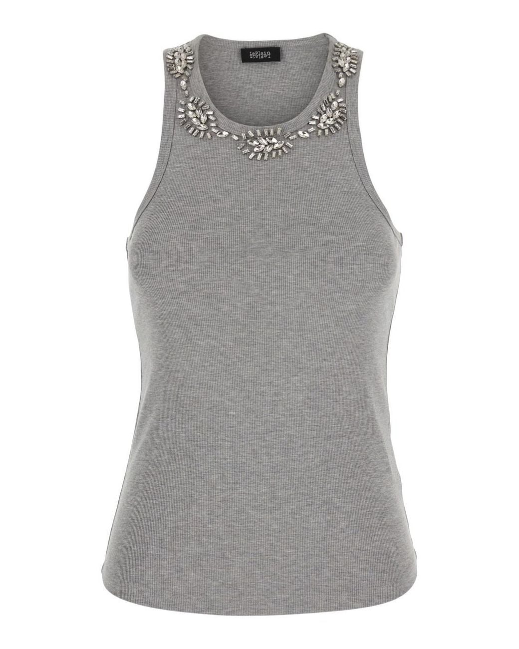 Le Plain Gray Ribbed Top Embroidery With Long Sleeves And Cotton Embroi