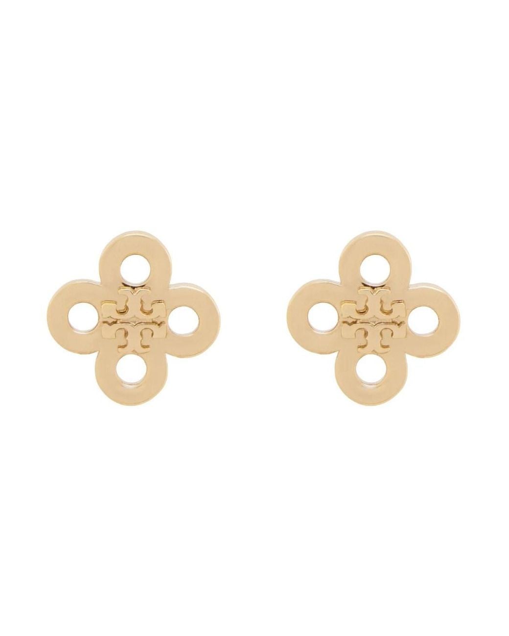 Tory Burch White Clover Logo Plate Mini Stud Earrings With Butterfly Closure