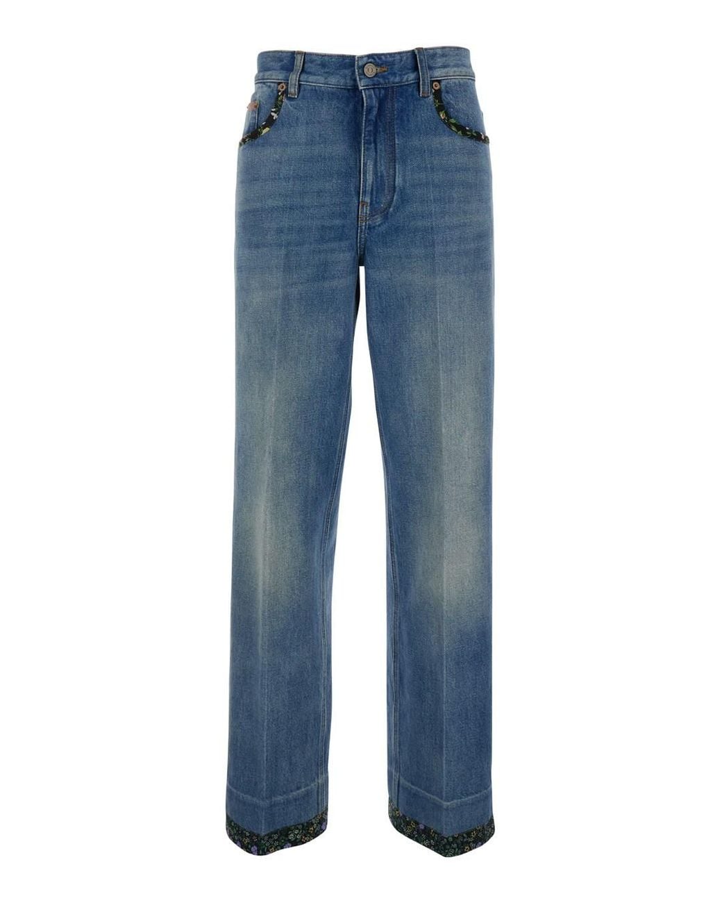 Valentino Blue Jeans With Logo Patch On The Rear And Floral Details In