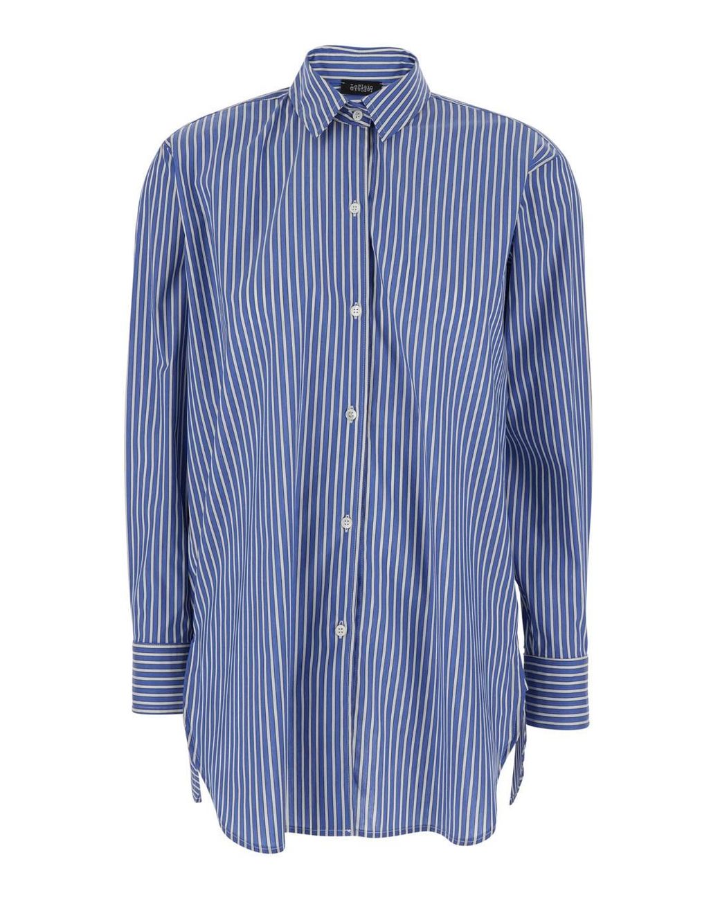 Le Plain Blue Shirt With Classic Collar And All-Over Striped Pattern