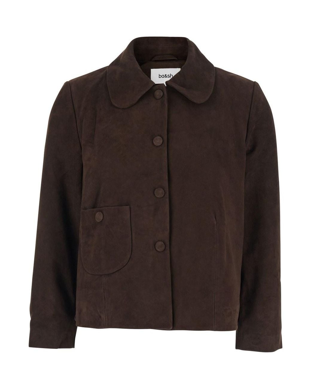 Ba&sh Brown Tech Fabric Round-Collar Jacket With Button Front Pockets
