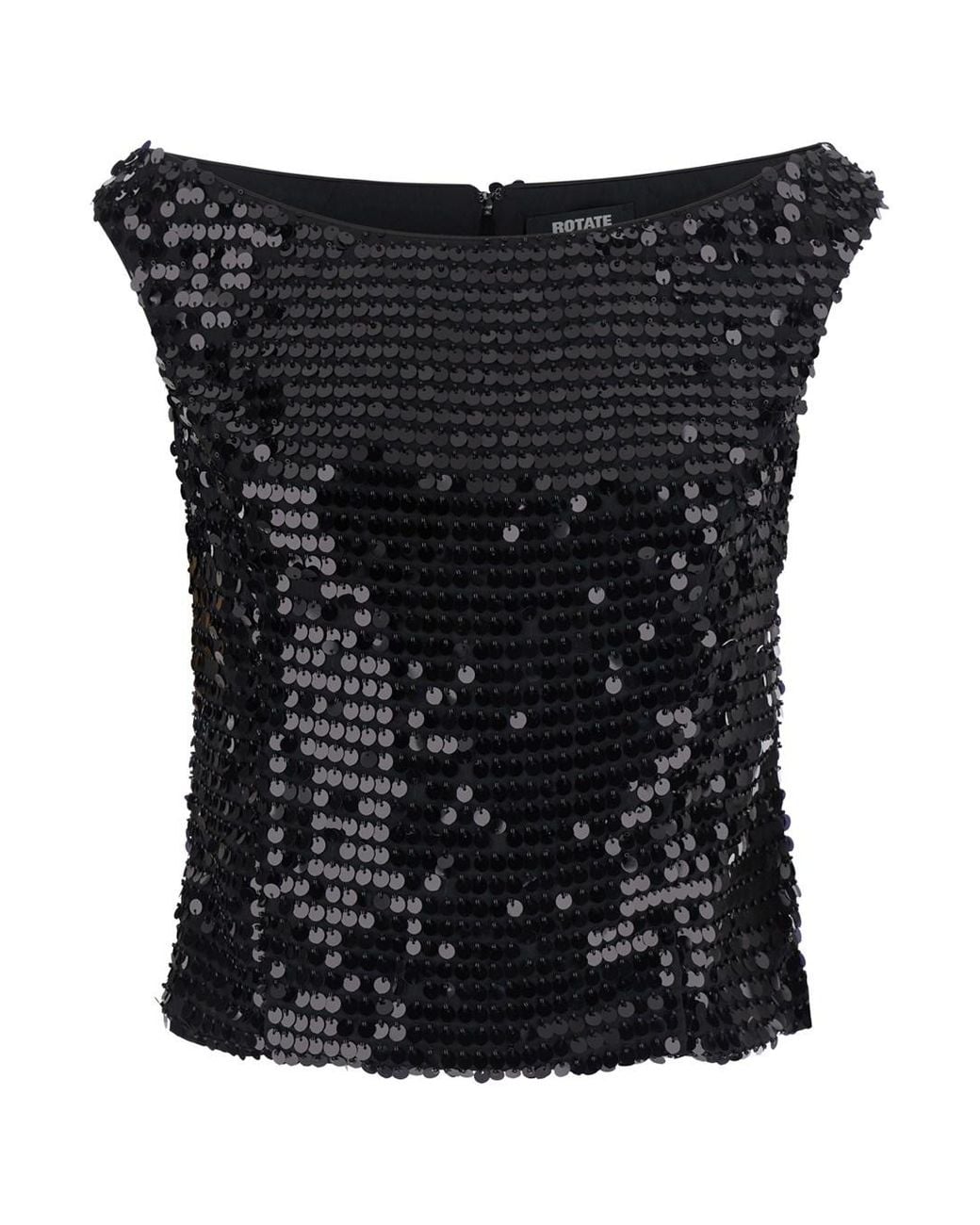 ROTATE BIRGER CHRISTENSEN Black Sequin Off-The-Shoulder Mini Top With Short Sleeves