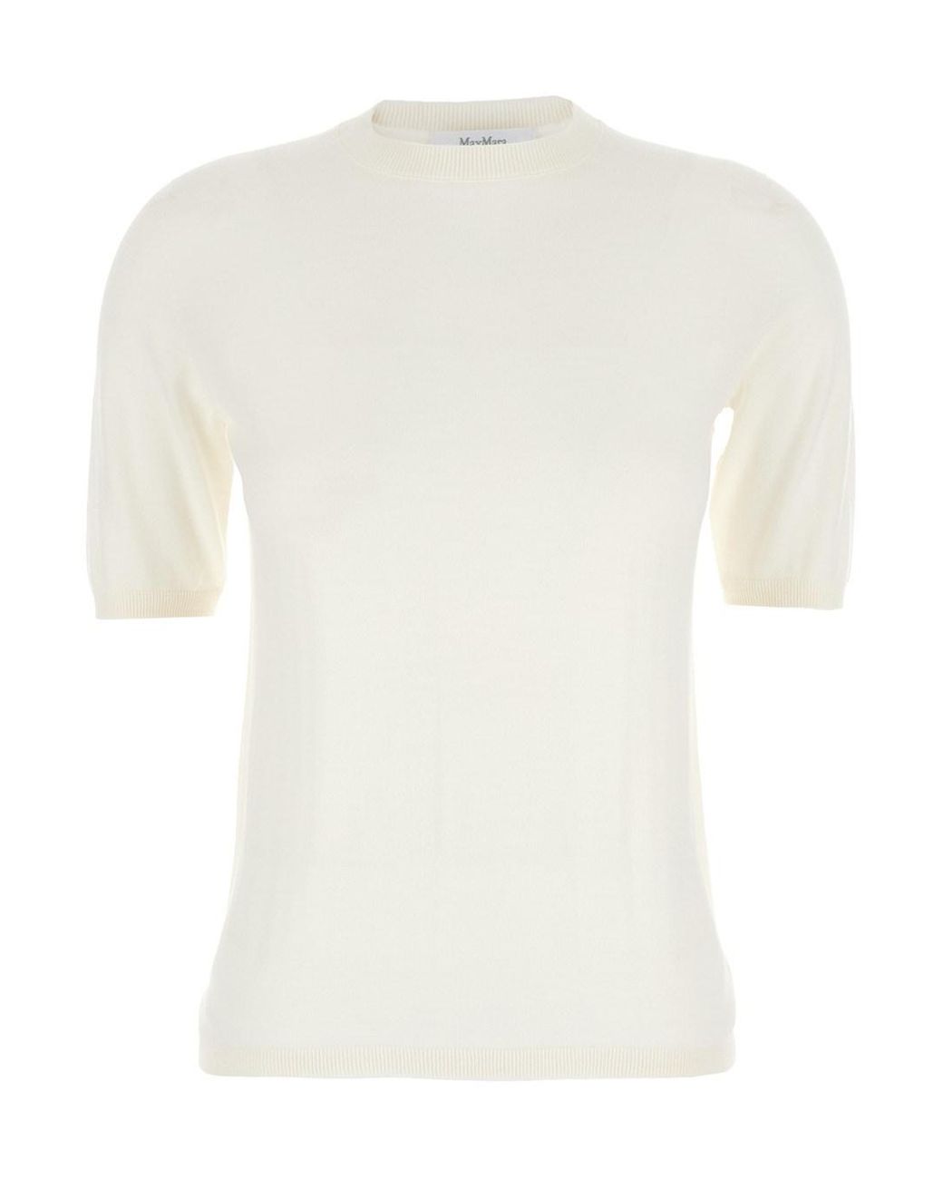 Max Mara White Crewneck Wool Sweater With Short Sleeves Virgin Tops
