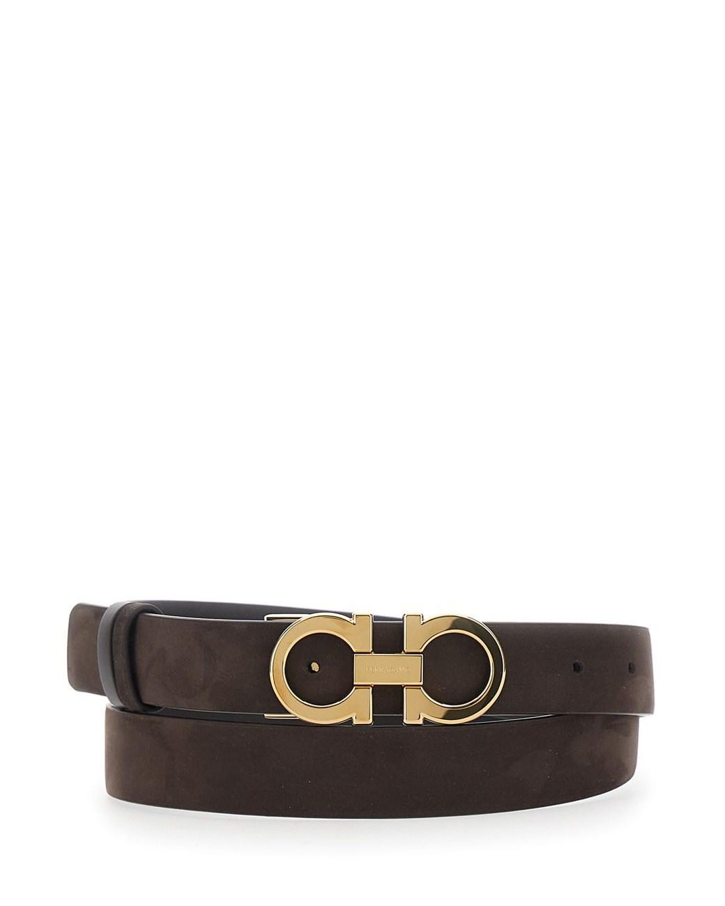 Ferragamo White Belt With Gancini Buckle Dark Suede Calf Leather