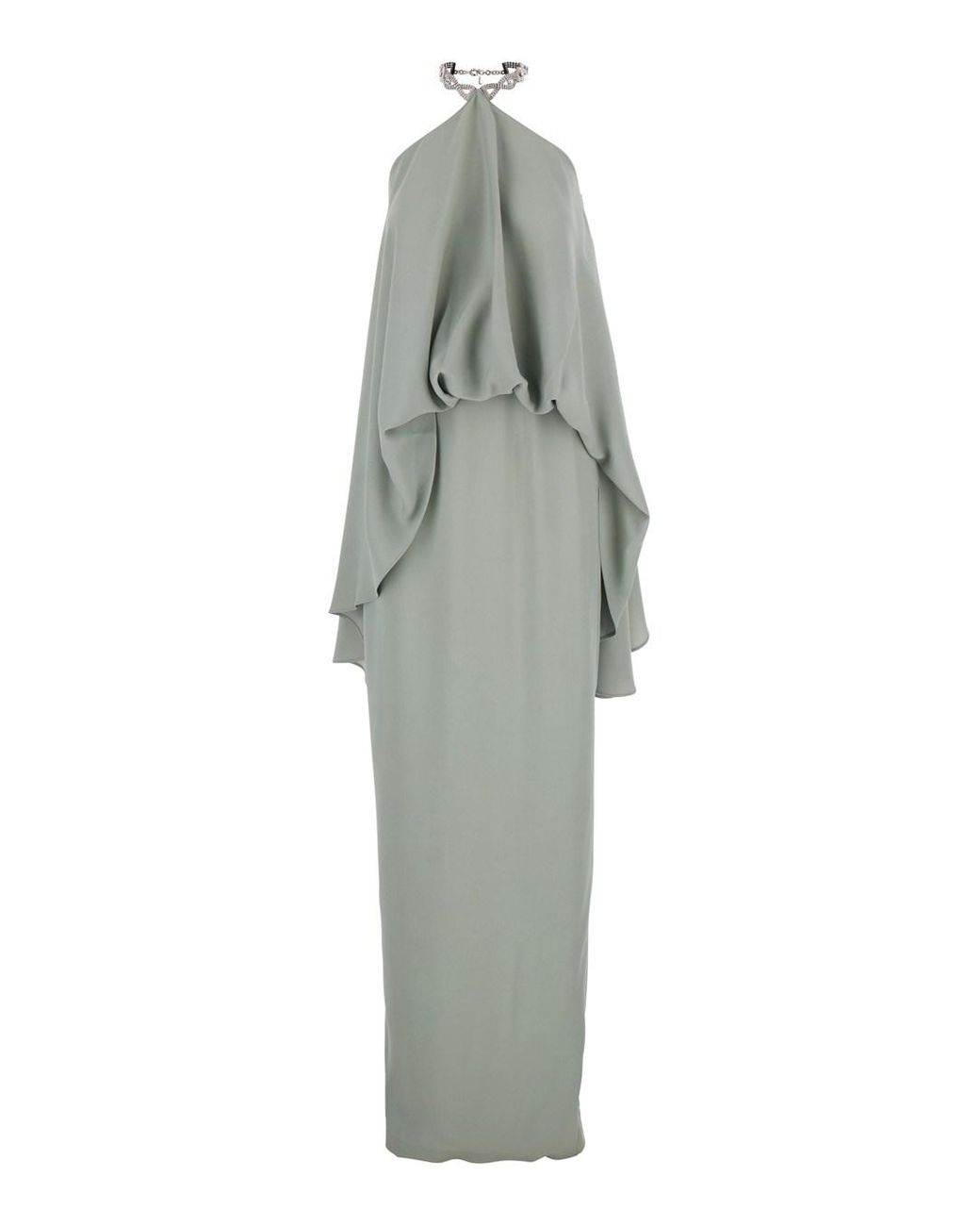 Taller Marmo Green Crystal Choker Long Sleeve Cady Crepe Long Dress With Back Vent