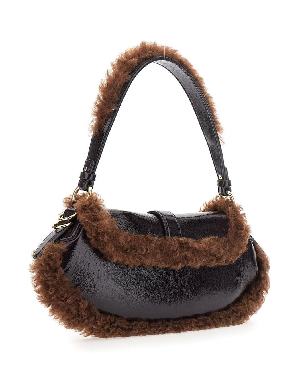 Ganni Black Shoulder Bag With Fur Piping