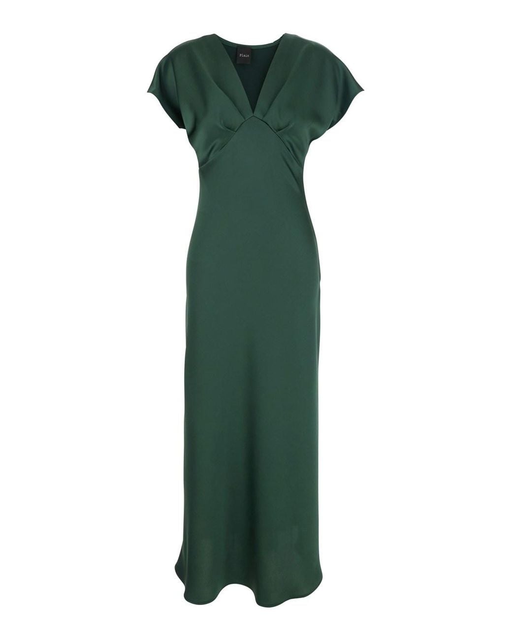 Plain Green Long Dress With V-Neck And Ruffles On The Front